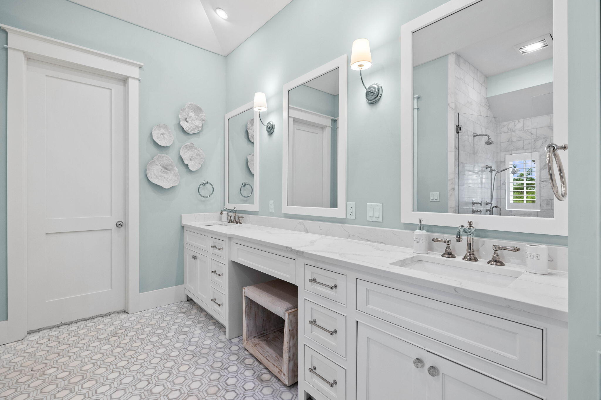 28 Honor Ln Inlet Beach Inlet Beach, FL 32461 - Photo 44 of 99 a spacious bathroom with a granite countertop sink a mirror and a shower