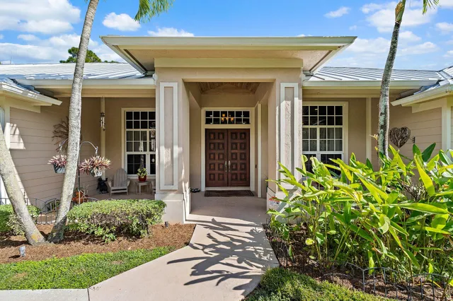 a view of a house with a yard and potted plants