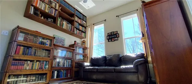 a living room with furniture and a book shelf