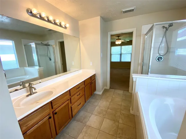 a bathroom with a double vanity sink mirror and shower
