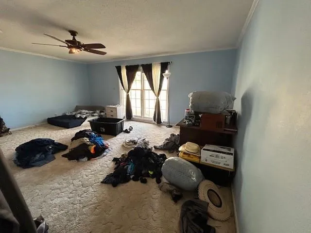 a view of empty room with windows and ceiling fan