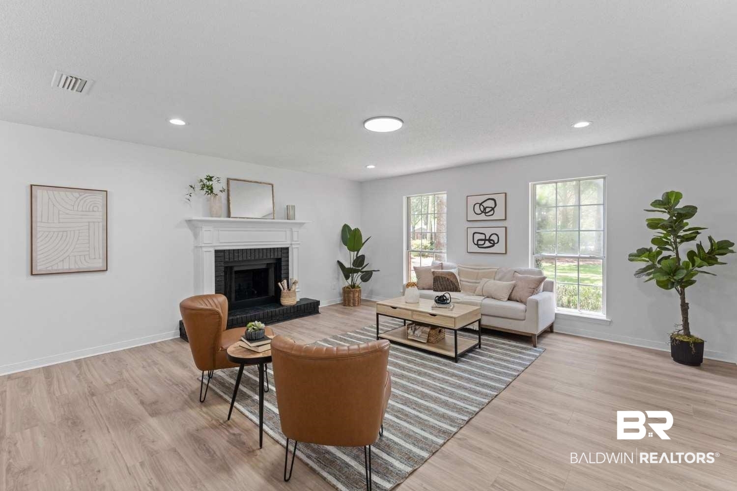 10251 Windmill Road Fairhope, AL 36532 - Photo 14 of 44 Living room featuring wood finished floors, a brick fireplace, and recessed lighting