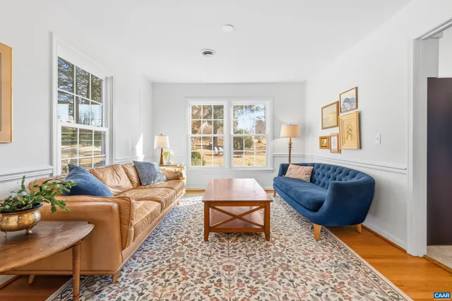 a living room with a couch and a potted plant