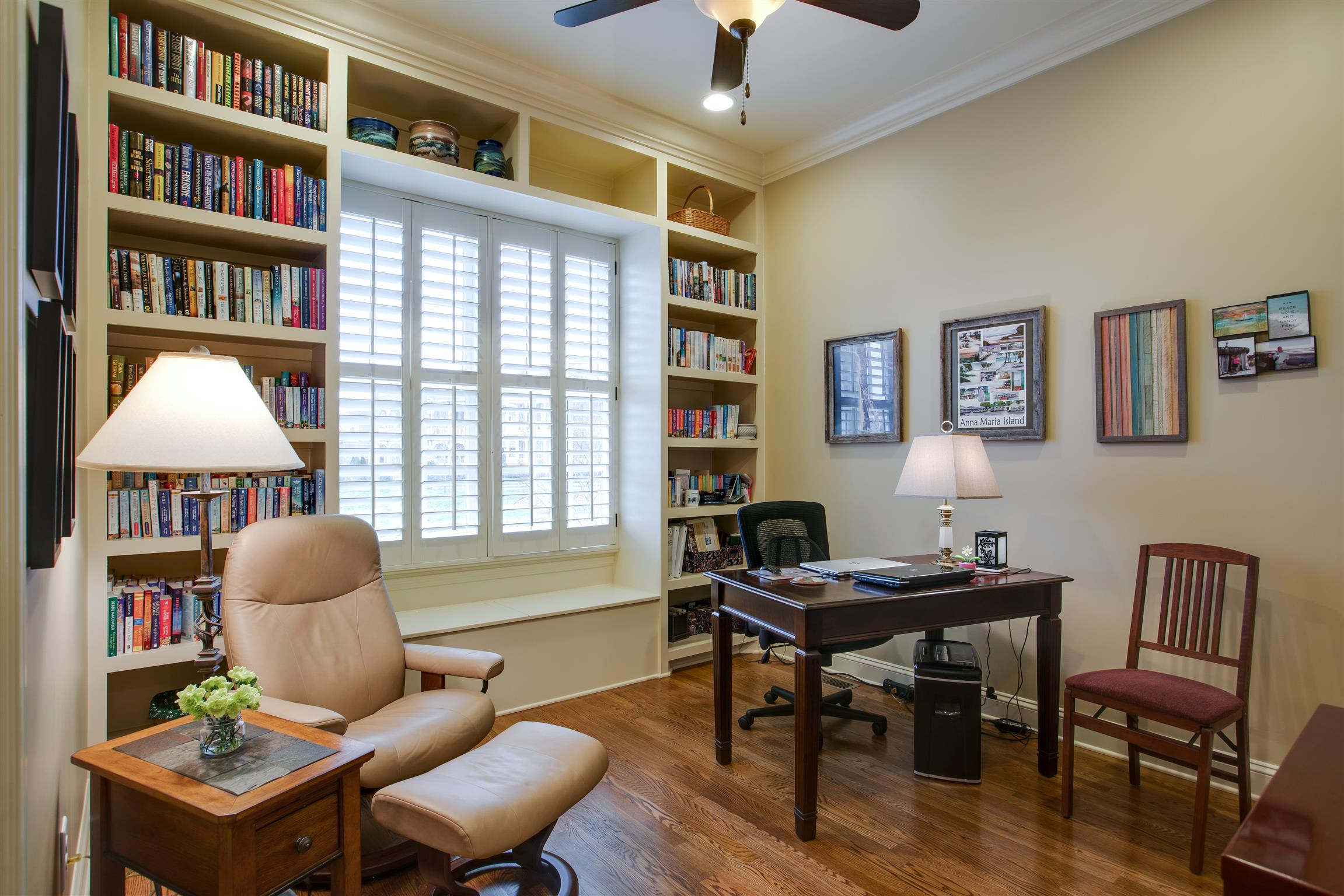 1417 Eliot Road Franklin, TN 37064 - Photo 8 of 29 Study with built in bookcases and bench framing this double window with Plantation Shutters. This would be easy to create a 3rd bedroom downstairs, if needed!