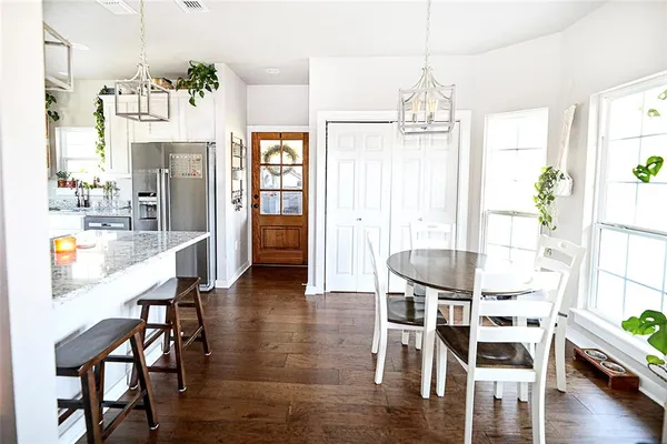 a view of a dining room with furniture and wooden floor