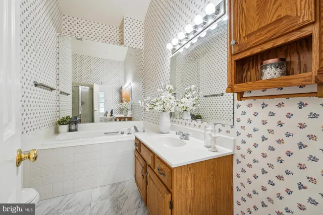 a bathroom with a sink double vanity and a mirror