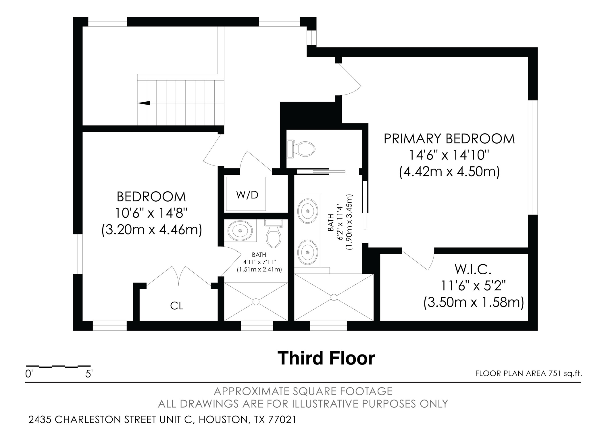 2435 Charleston Street, Unit C Houston, TX 77021 - Photo 44 of 44 Third Floor Plan w/Room Dimensions