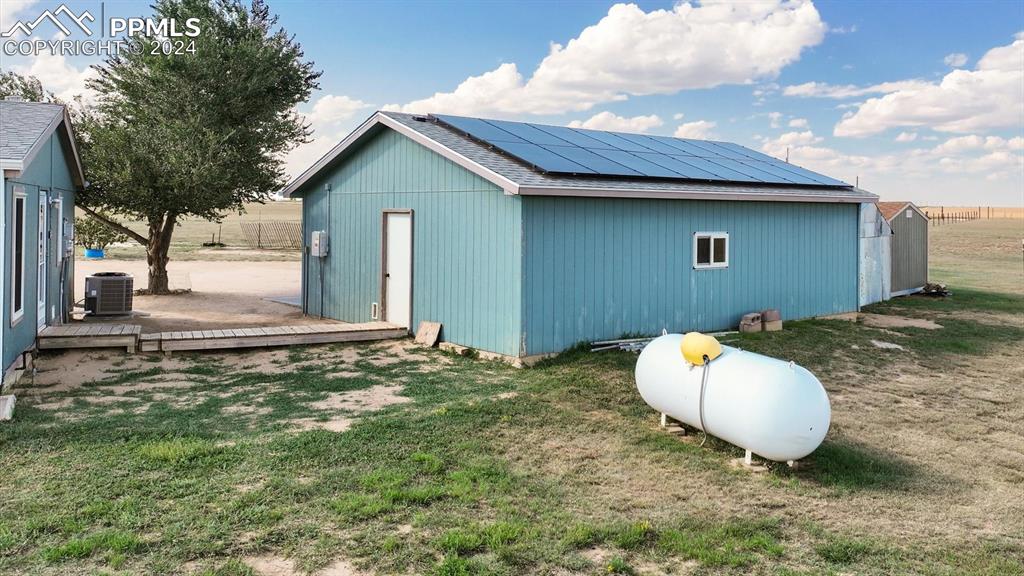 36925 Shear Road Yoder, CO 80864 - Photo 28 of 34 a backyard of a house with a yard and garage