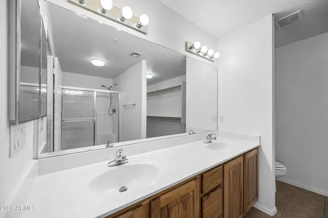 a bathroom with a sink double vanity and a mirror