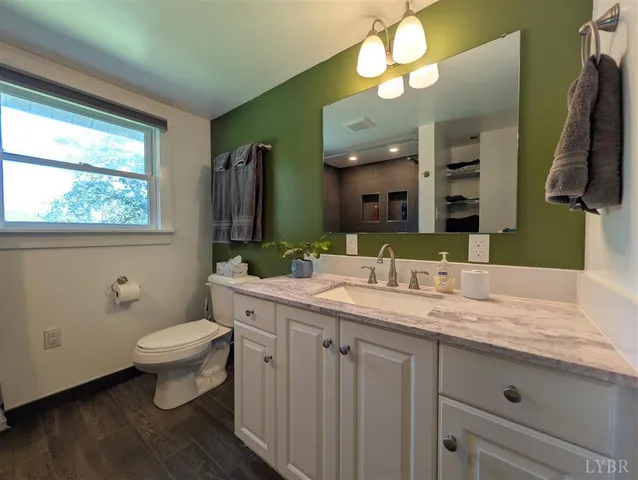 a bathroom with a granite countertop sink a toilet and a large mirror