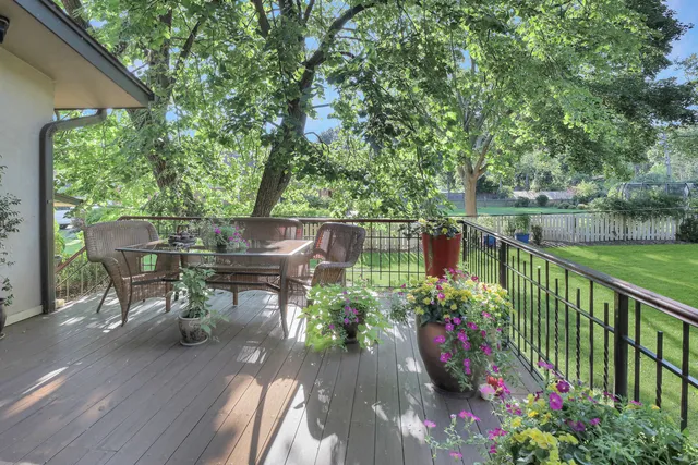 a garden view with a seating space
