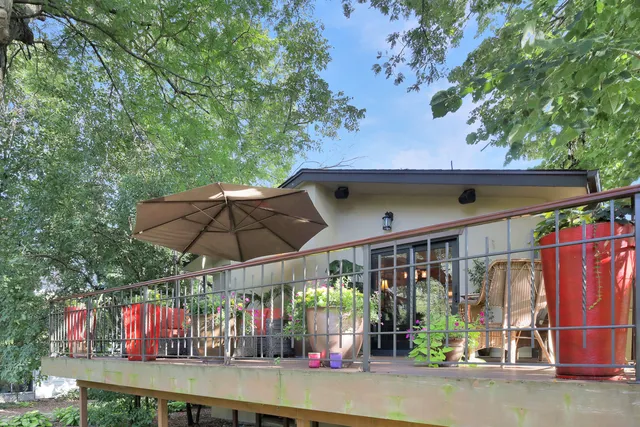 a garden view with a seating space