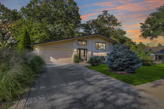 a backyard of a house with plants and outdoor seating