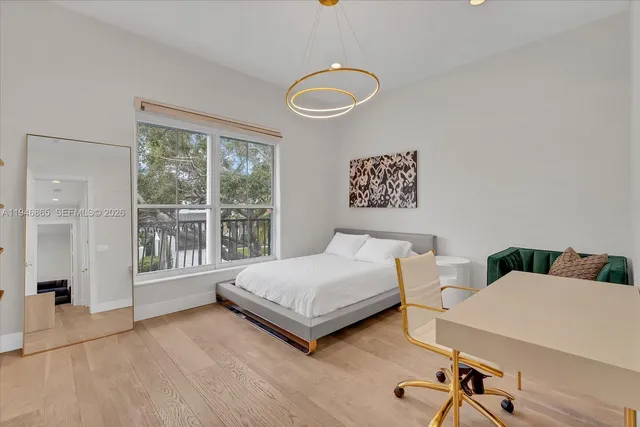 a spacious bedroom with a bed and a large window