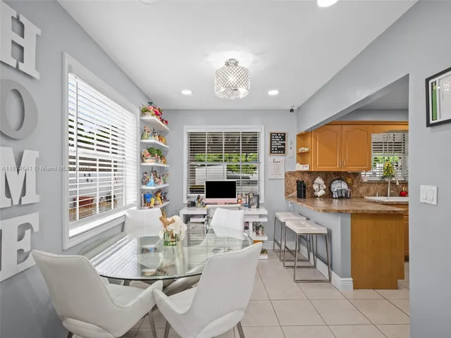 a view of a dining room with furniture window and outside view