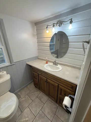 a bathroom with a toilet a sink and mirror