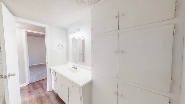 a bathroom with a sink a mirror and a shower