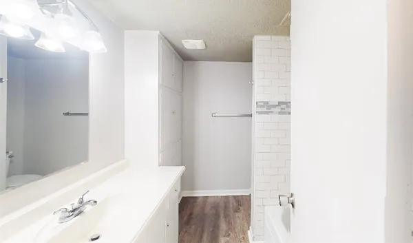 a bathroom with a tub sink and vanity
