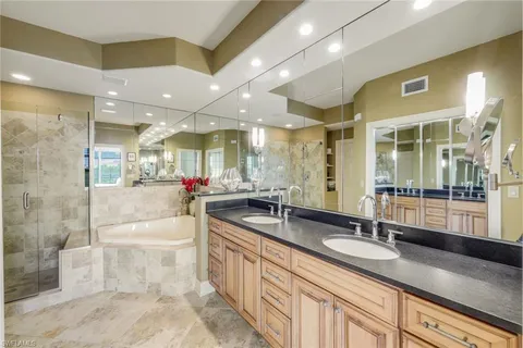 a bathroom with a double vanity sink a mirror and a shower
