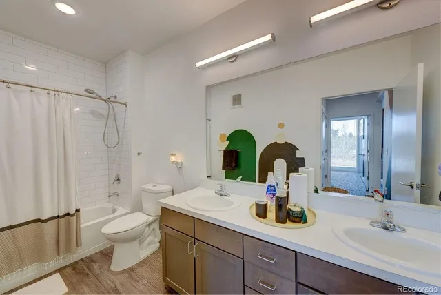 a bathroom with a double vanity sink toilet a shower and a mirror