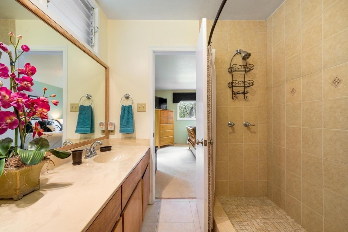 19-4252 Wright Road Volcano, HI 96785 - Photo 23 of 30 a bathroom with a granite countertop sink a mirror and shower