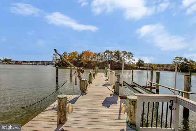 a view of a lake with boats and trees in the background