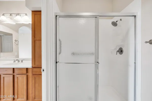 a bathroom with a sink a mirror and a shower