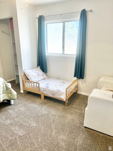 570 250 East Parowan, UT 84761 - Photo 21 of 27 Bedroom featuring a window with natural light, integrated shelving, an open closet with a hanging rod, and textured carpeting