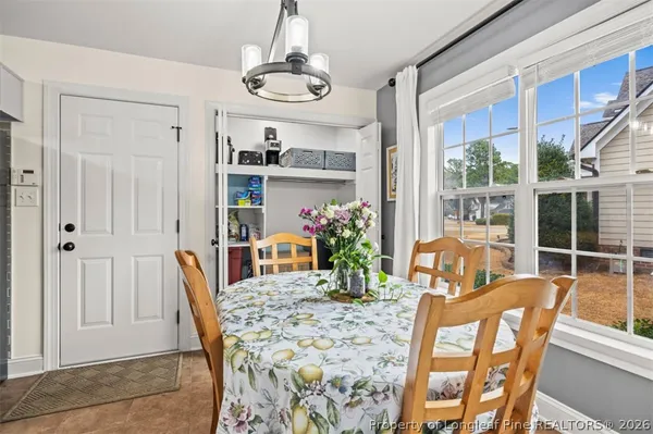 a view of a dining room with furniture window and outside view