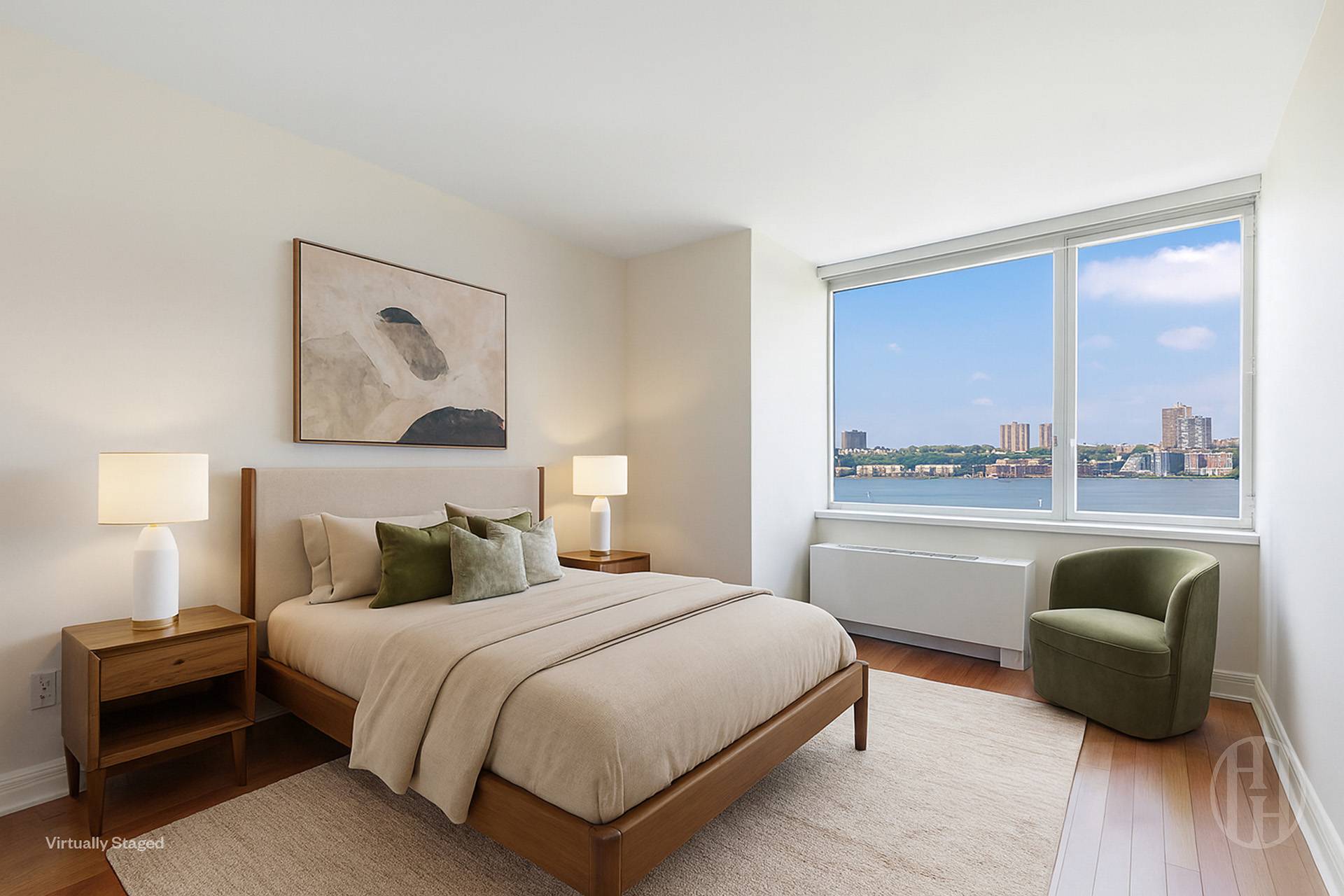 100 Riverside Boulevard, Unit 8J Manhattan, NY 10069 - Photo 3 of 10 a bedroom with a bed and glass window