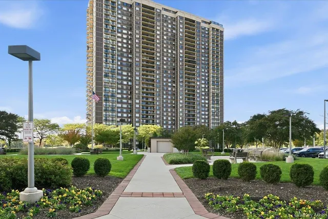 a view of a garden with plants and a fountain