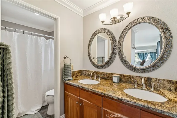 a bathroom with a granite countertop toilet a sink a mirror and a shower curtain