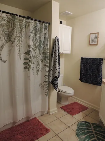 a bathroom with a shower curtain and a toilet