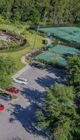 a view of a park with large trees