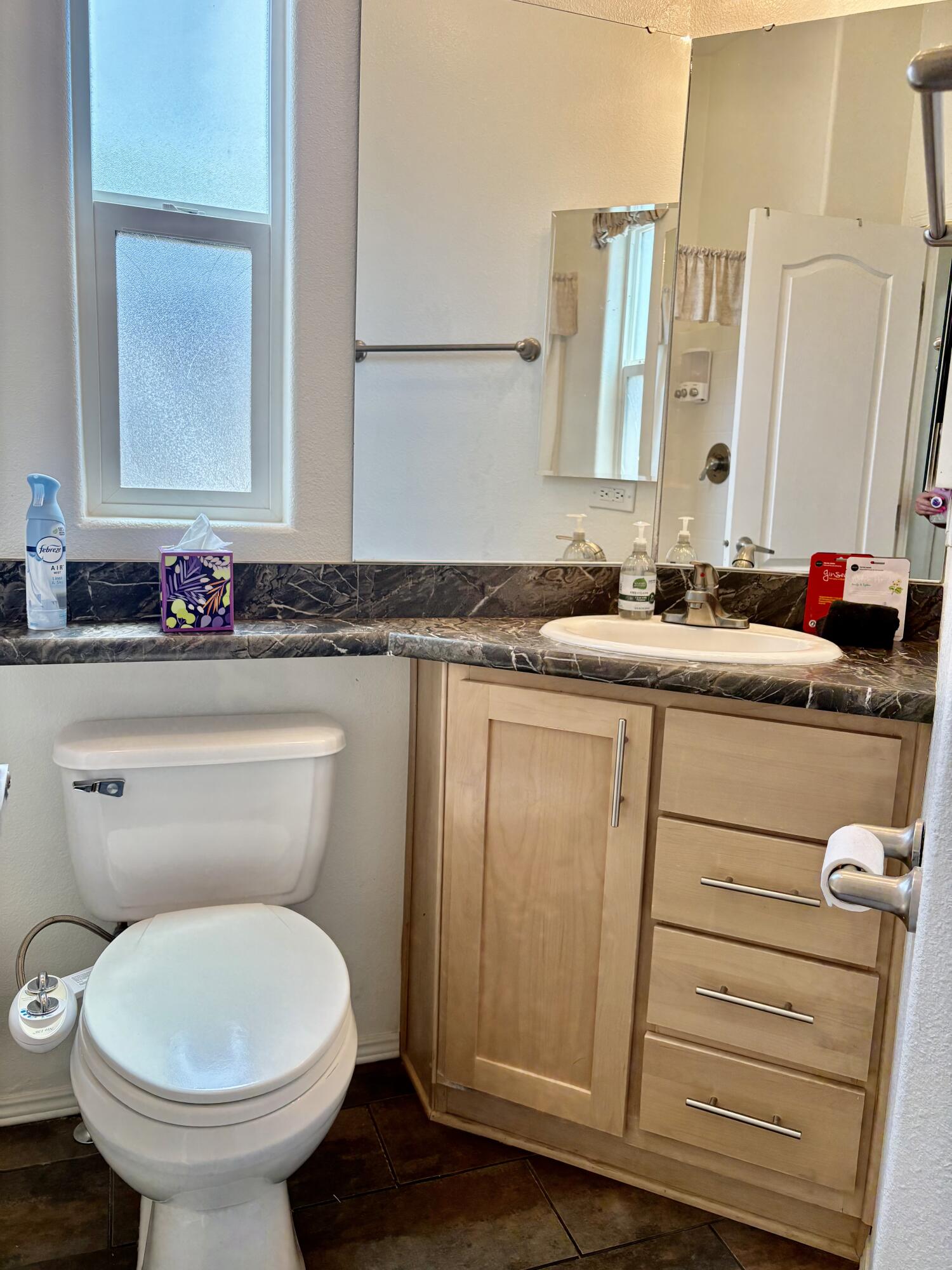 74711 Dillon Road, Unit 247 Desert Hot Springs, CA 92241 - Photo 11 of 33 a bathroom with a toilet sink and mirror