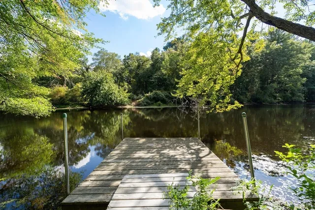 a lake view with a wooden bridge