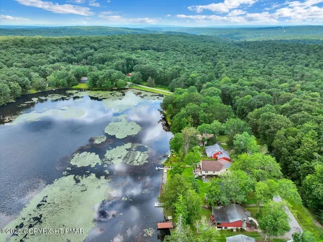 a view of a lake with a city