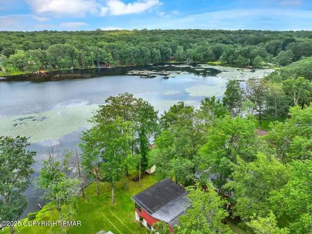 a view of a lake with a city