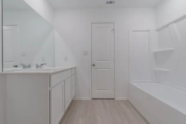 a bathroom with a tub sink vanity and a mirror