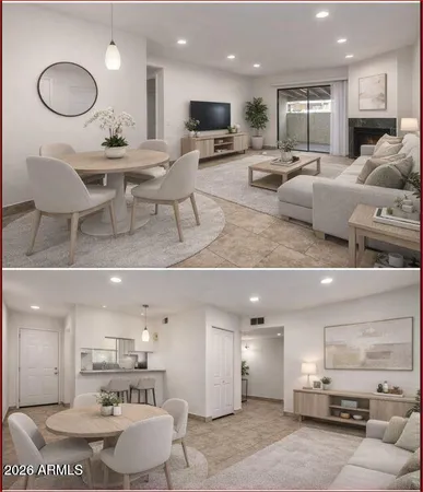 a living room with furniture kitchen view and a wooden floor