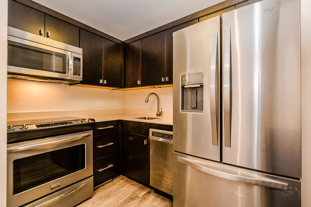 777 North Michigan Avenue, Unit 1307 Chicago, IL 60611 - Photo 4 of 17 a kitchen with stainless steel appliances granite countertop a refrigerator and a stove top oven
