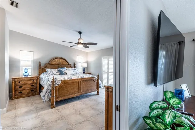 a bedroom with a bed and a flat screen tv