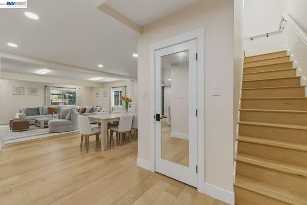 a view of a dining room with furniture