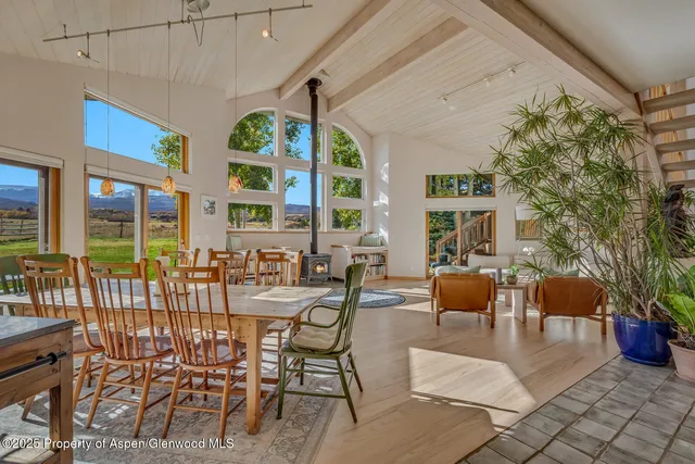 a view of a patio with couches table and chairs and potted plants