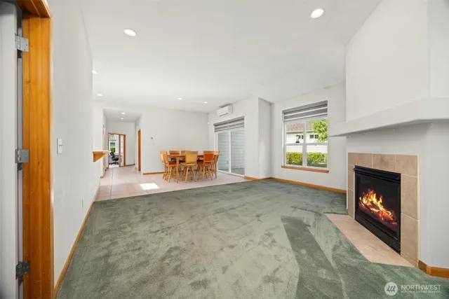 a view of a dining room with furniture window and outside view