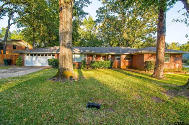 a view of a house with a yard patio and a garden