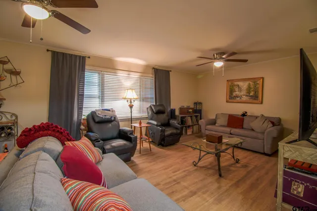 a living room with furniture ceiling fan and a rug