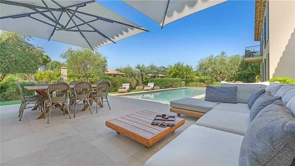 a view of swimming pool with a garden