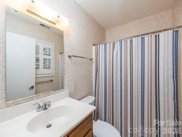 a bathroom with a sink a toilet and shower curtain