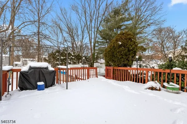 a view of a deck with a large trees